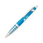 Blue ballpoint pen with a silver tip and clip. The barrel has a grid pattern near the grip, and a logo that says Turcos in white lettering.