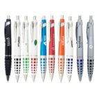 A row of ten retractable pens with plastic grips and clips. The pens have varying colors: black, white, green, blue, red, and silver. Each pen features a unique logo and text design on the body.