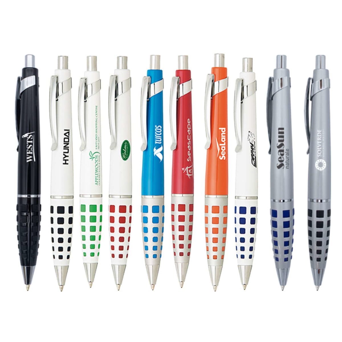 A row of ten retractable pens with plastic grips and clips. The pens have varying colors: black, white, green, blue, red, and silver. Each pen features a unique logo and text design on the body.