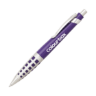 A purple and silver retractable pen with a checkered grip design and a clip. The pen is shown on a white background with the word colour•box printed in white on the body.