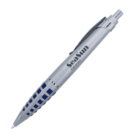 A silver ballpoint pen with a retractable tip and clip, featuring black rectangular patterns on the grip. The branding Seasun naturale is printed on the barrel.