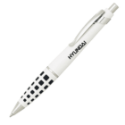 A white pen with black square patterns near the grip area. It has a silver clip and point, and features the HYUNDAI logo in black text on the main body.