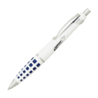 A white and blue ballpoint pen with a silver clip and tip. The pen has blue square patterns near the grip and a logo printed on the body.