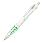 A white pen with a silver clip and tip. It has a pattern of green squares near the grip and a green logo with text that reads APPLEWOODS FANTASY SHOPPING CENTRE on the barrel.