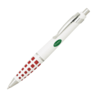 A white and red retractable pen with a silver clip and tip. The pen features a pattern of red squares on a white base and an oval green logo near the top.