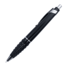 A black ballpoint pen with a retractable tip and a silver clip, lying diagonally on a white background. The pen has a textured grip for comfortable writing.