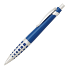 A blue and silver retractable ballpoint pen with a patterned grip and a pocket clip.