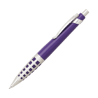 A purple ballpoint pen with a silver clip and clicker. The grip section has silver and black square patterns, contrasting with the smooth purple body. The pen is angled diagonally against a white background.