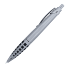A silver ballpoint pen with a black checkered pattern on the grip area and a metal clip is shown against a white background.