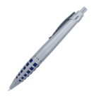 Silver ballpoint pen with a retractable tip and a clip. The lower part of the pen has a grid pattern with blue squares. The pen is angled slightly upward, set against a white background.