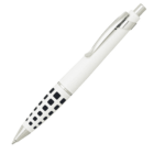A white retractable ballpoint pen with a sleek design. The grip section features a pattern of black squares. It has a shiny silver clip and click mechanism. The pen is angled diagonally on a plain white background.