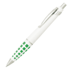 White ballpoint pen with a silver clip and tip. The lower half features a green square pattern. The pen has a clicker mechanism on top.