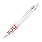 A white ballpoint pen with a silver clip and retractable button. The lower half of the pen features a pattern of red squares.