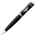 A black ballpoint pen with a silver clip and decorative rings near the tip and top. It features a logo resembling a winged wheel in white on the barrel. The pen is positioned diagonally on a plain white background.