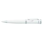 A sleek white ballpoint pen featuring shiny silver accents, including a clip and a decorative ring near the grip.