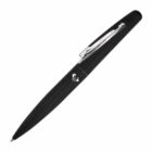 A sleek black ballpoint pen with a chrome clip, featuring a smooth, tapered design. The pen is positioned diagonally against a white background.