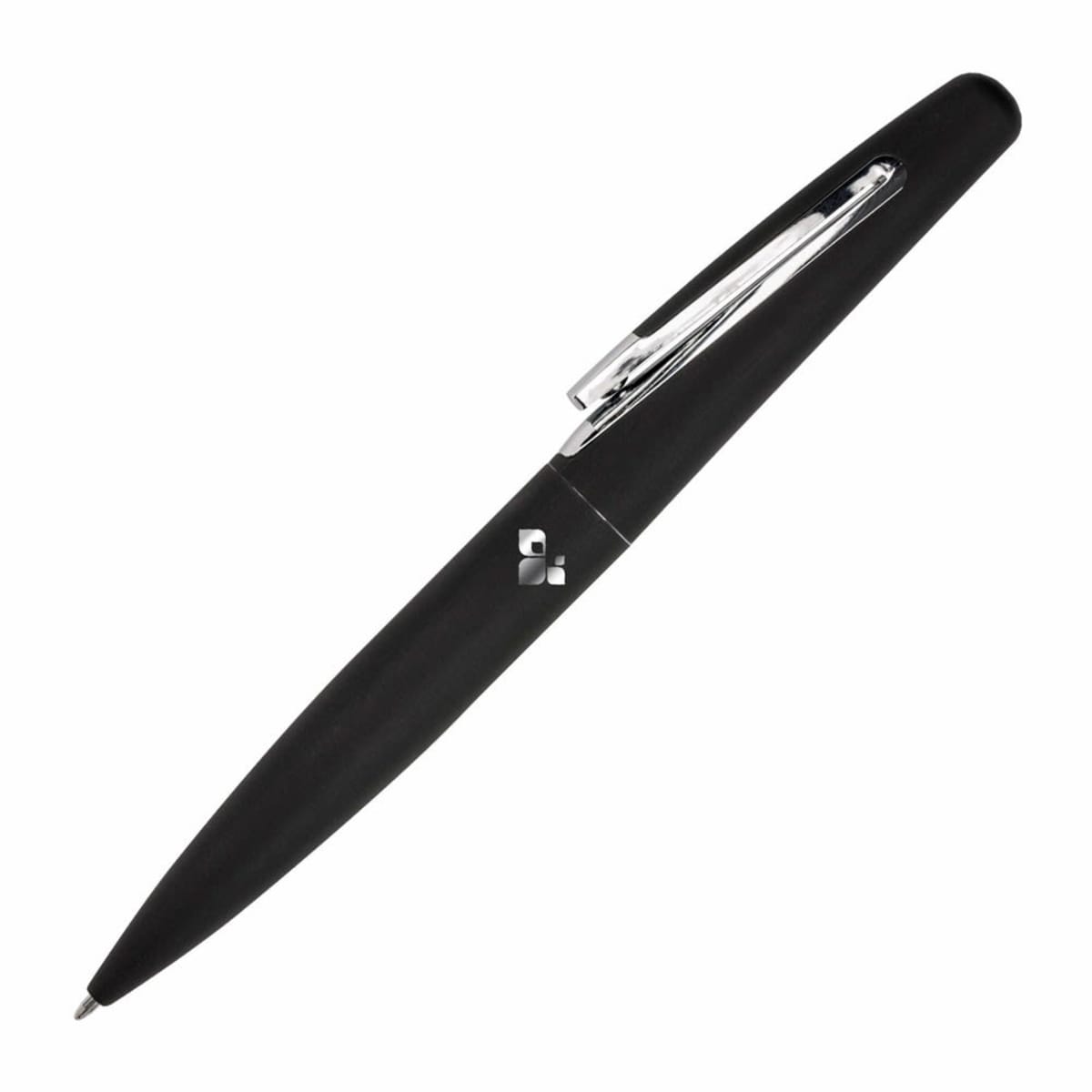 A sleek black ballpoint pen with a chrome clip, featuring a smooth, tapered design. The pen is positioned diagonally against a white background.