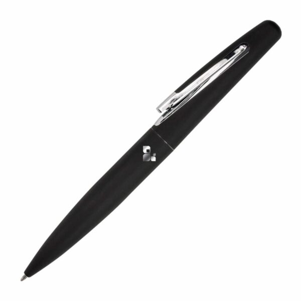 A sleek black ballpoint pen with a chrome clip lies diagonally against a white background. The pen has a smooth, matte finish and a modern design.
