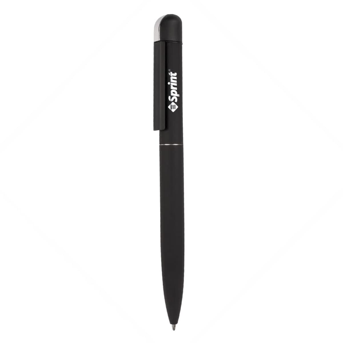 A sleek black pen with a silver clip and a logo on the clip. The pen is positioned vertically against a white background with the tip pointing downward.