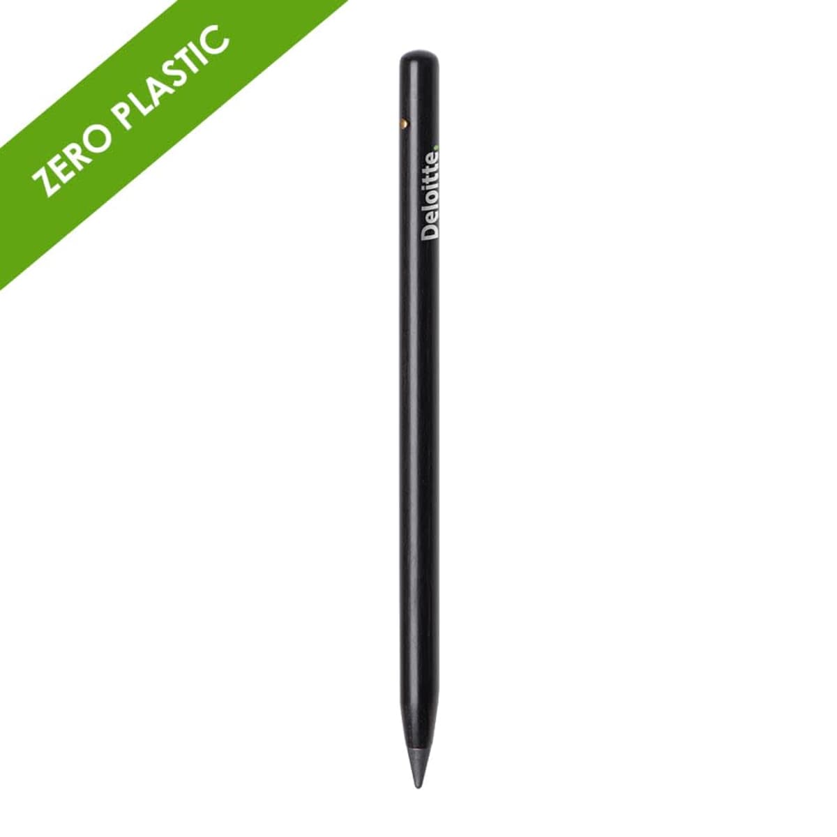 Black writing pen with a pointed tip and the word Deloitte printed on the side. The pen is labeled ZERO PLASTIC on a green diagonal banner in the top left corner.