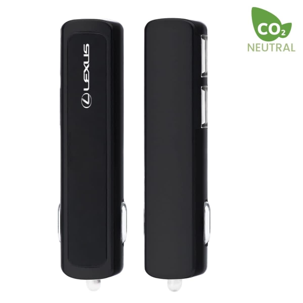 Two black click-action pens with the Lexus logo in white. One pen is shown from the side and the other from the front. A CO2 Neutral label is in the top right corner.