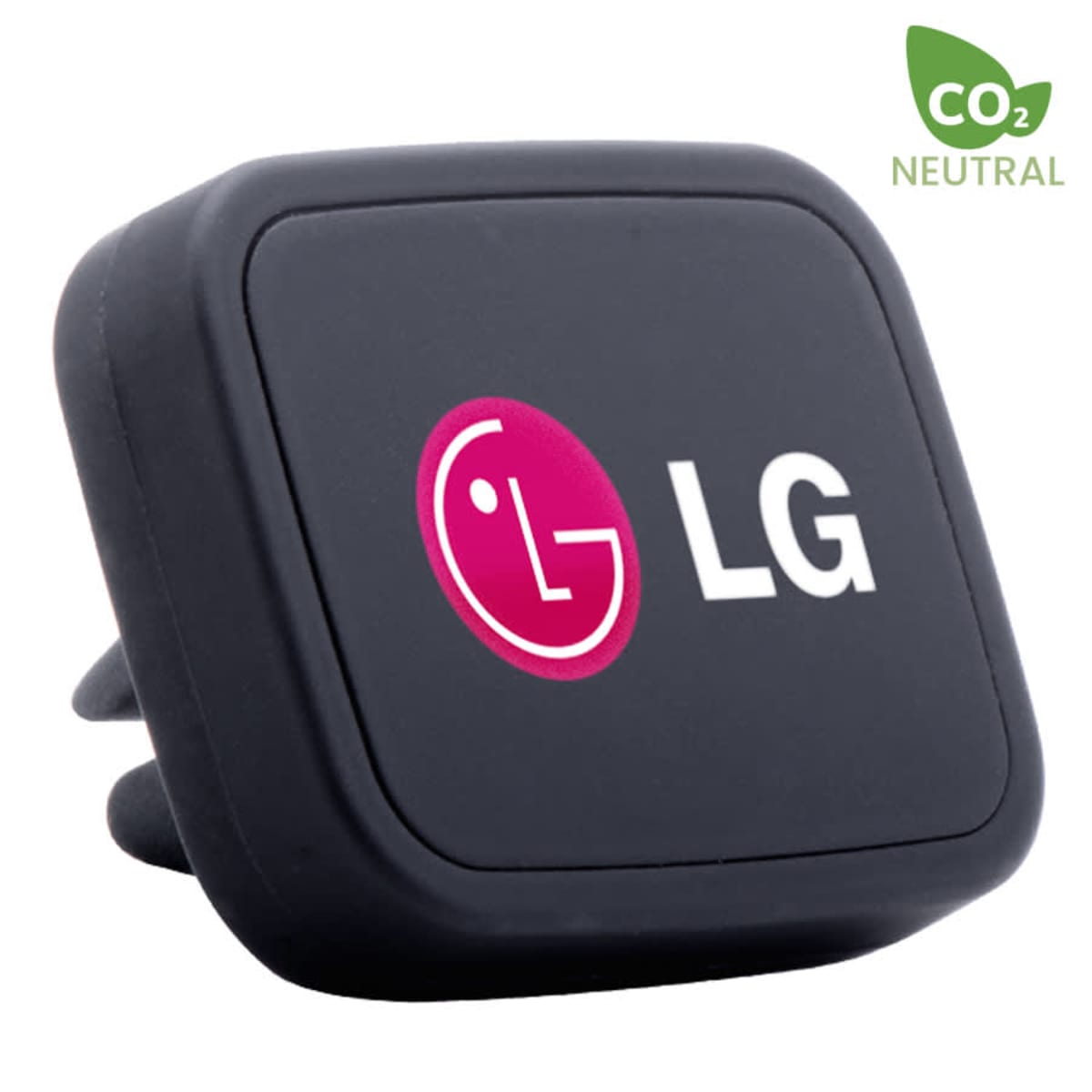 A black magnetic car phone mount features a pink and white logo on its face. It is branded with the letters LG. In the top right corner, theres a green CO2 Neutral label.