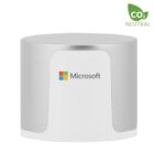A cylindrical device with a white center and silver top and bottom, featuring the Microsoft logo in the middle. A CO2 Neutral label with a leaf icon is in the top right corner.