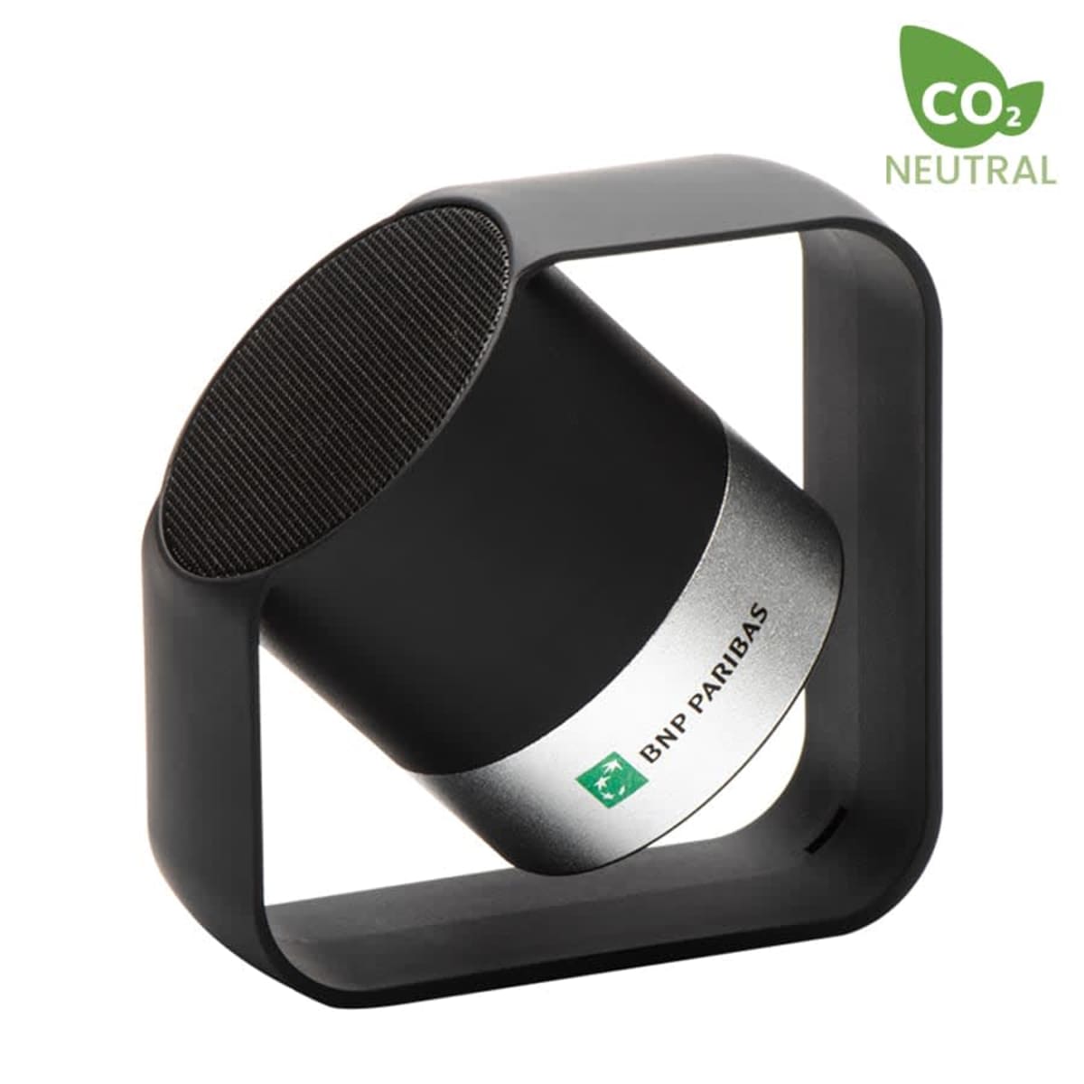 A black and silver speaker with BNP Paribas logo sits at an angle inside a square black frame. The CO2 Neutral logo is in the top right corner.