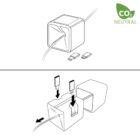 Illustration showing two steps to insert USB plugs into a cubical hub with a cable. The second image details inserting plugs at the top. A CO2 Neutral logo is in the upper right corner.