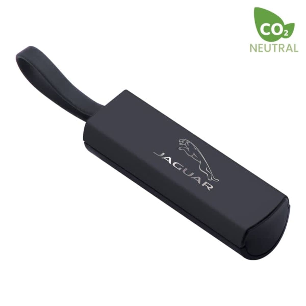 Black rectangular key fob with a loop strap featuring a silver jaguar logo and the word JAGUAR. A green CO2 NEUTRAL label is in the upper right corner.