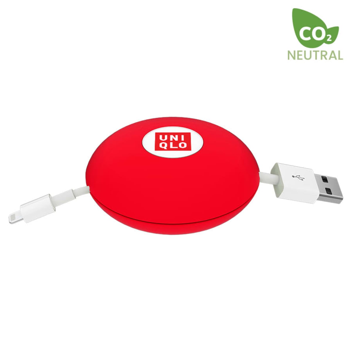 A red, circular retractable charging cable with a USB connector on one end and a lightning connector on the other. The cable is branded with Uniqlo and has a CO2 neutral label in the top right corner.