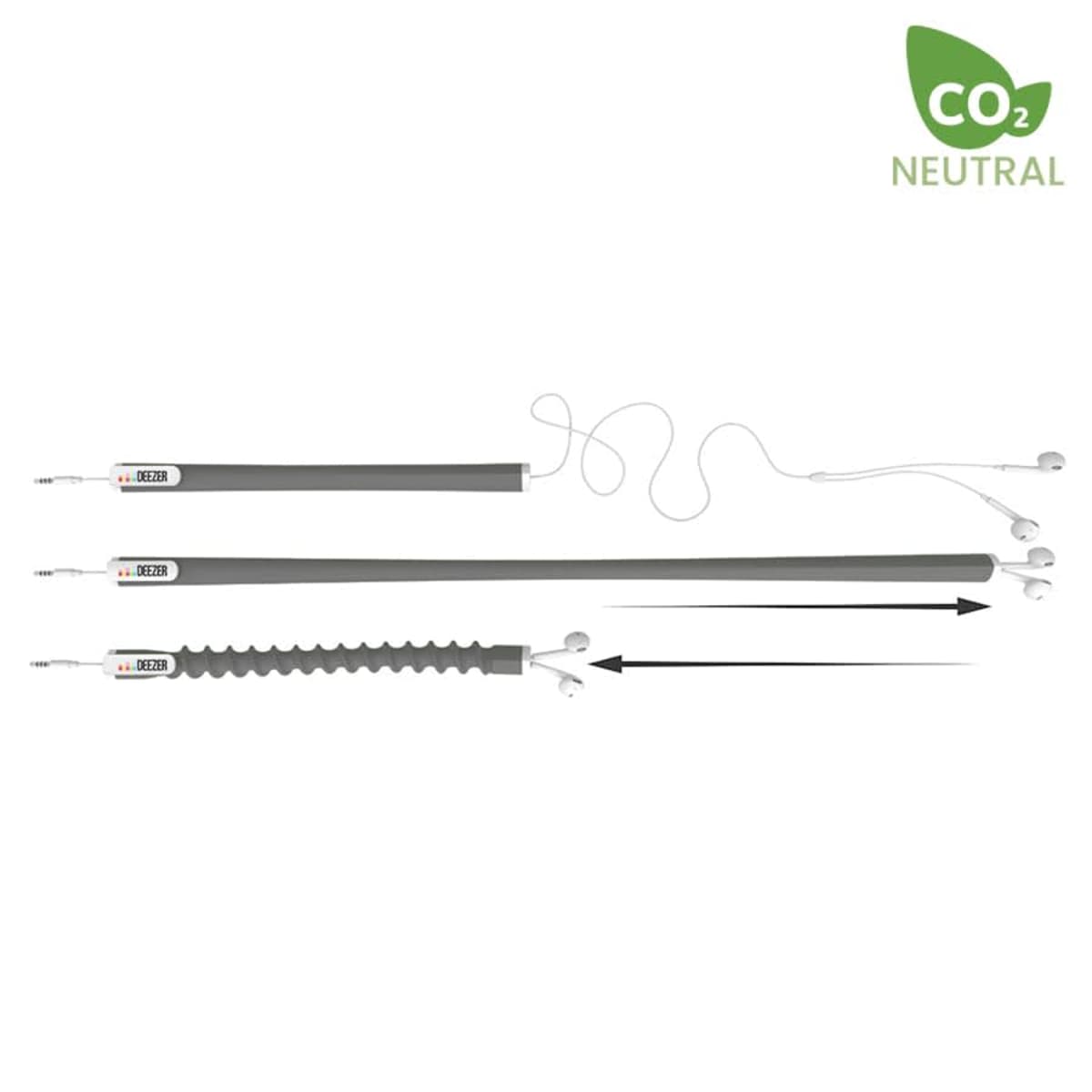 Collapsible white eco-friendly CO2 neutral cane with a gray grip, black tip, and a wrist strap. Comes with a coiled section for flexibility. Shows the cane fully extended and collapsed with arrows indicating assembly sequence.