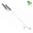 White wired earbuds connected to a countertop pop-up socket with two USB ports. The socket is partially popped up and features a black and gray design. A green CO2 Neutral logo with a leaf is shown in the top right corner.