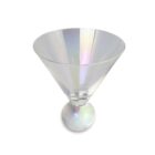 An empty iridescent martini glass with a flared rim and a smooth, rounded base. The glass displays a subtle rainbow sheen under the light.