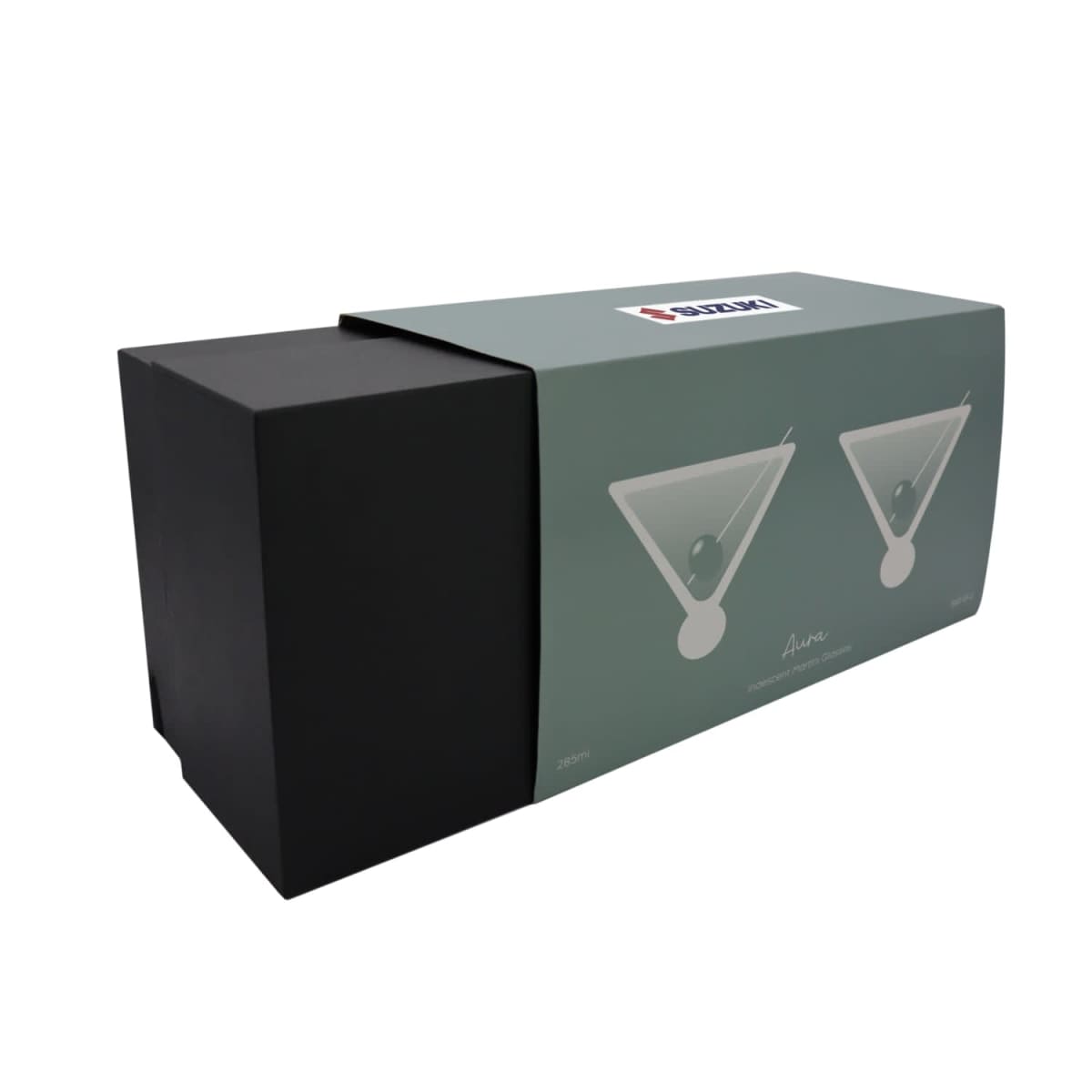 A dark green cardboard box with a black end is partially open, revealing a black interior box. The box features illustrations of two martini glasses and a 300 ml label. A white sticker with a colorful logo is on top.