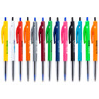 Colorful assortment of retractable ballpoint pens in a straight line.