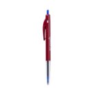 Red and blue ballpoint pen with a clear barrel and pocket clip.