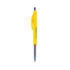 Yellow and blue ballpoint pen with a clear barrel.