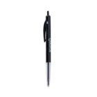 Black and silver retractable ballpoint pen with a clip.