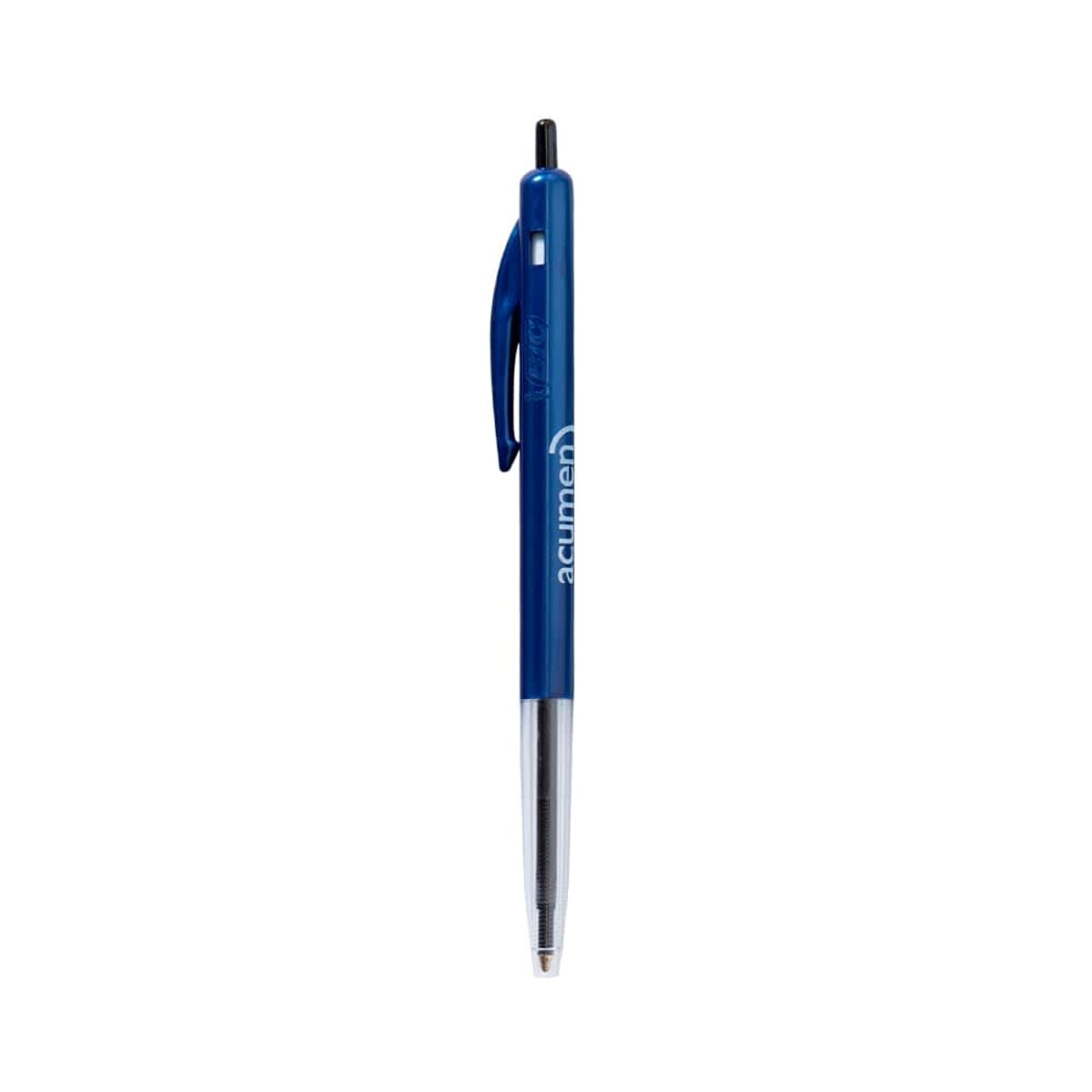 Blue retractable ballpoint pen with transparent lower barrel.