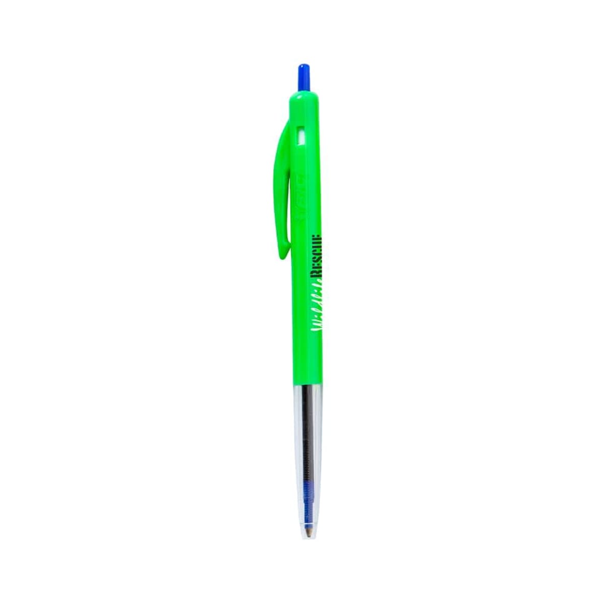 Green and clear pen with blue tip on a white background.