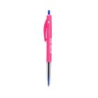 Pink and blue ballpoint pen with a clip on a white background.