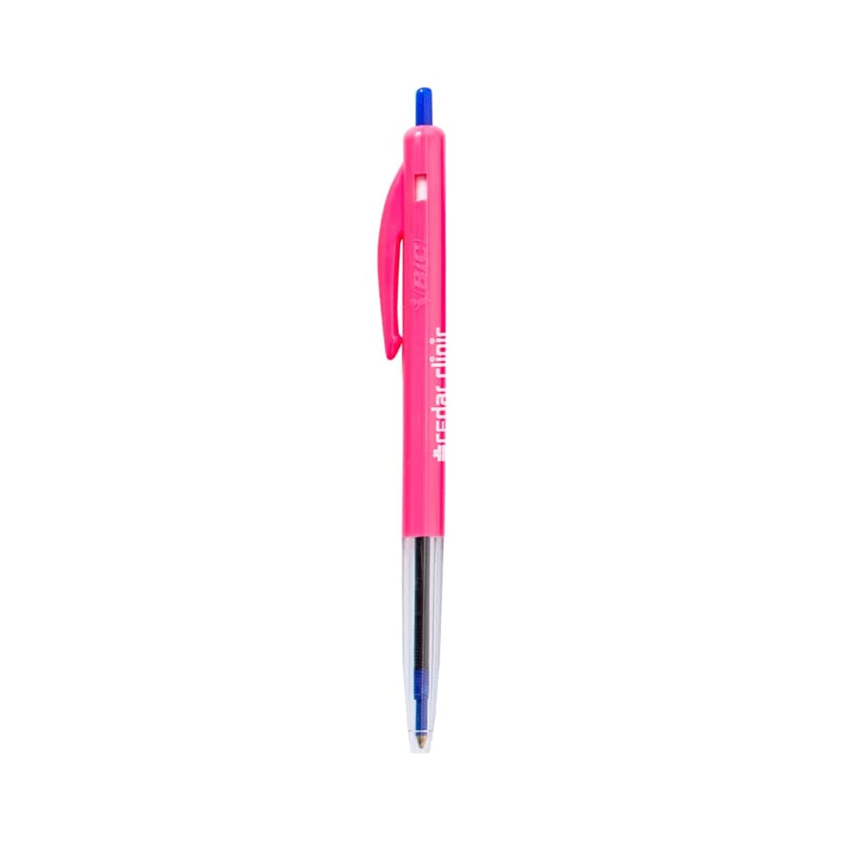 Pink and blue ballpoint pen with a clip on a white background.
