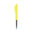 Yellow and silver ballpoint pen with a blue tip, isolated on a white background.