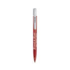 Red ballpoint pen with a white cap and printed text on the barrel.