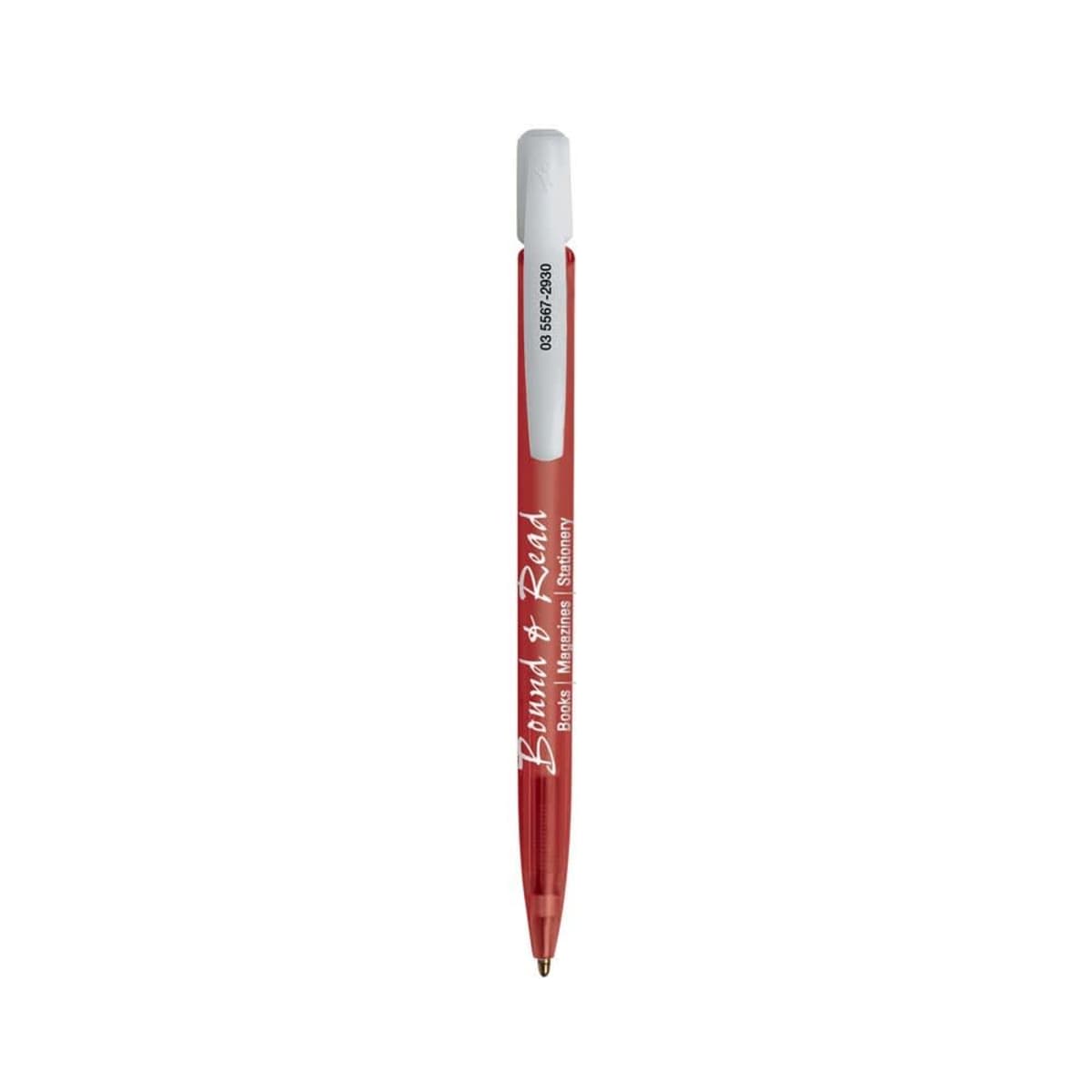 Red ballpoint pen with a white cap and printed text on the barrel.