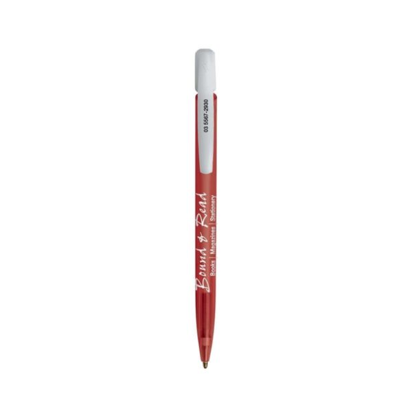 Red ballpoint pen with white cap and white writing on the barrel, isolated on white background.