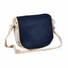 A beige messenger bag with a navy blue flap. The bag has an adjustable shoulder strap and a simple, classic design.