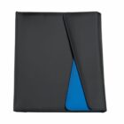 Black portfolio folder with a sleek design, featuring a folded front flap revealing a blue interior accent. The folder is closed and lies on a plain white background.