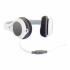 White and black over-ear headphones with an attached microphone on a white background. The headphones have a sleek design with cushioned ear pads and a flexible headband.